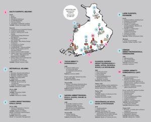 Muotoilun koulutusohjelmat sijoitettuna Suomen kartalle