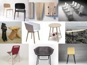 Pohjoismaisen muotoilukilpailun suomalaisia finalisteja. Kuvassa pääasiassa erilaisia huonekaluja, kuten tuoleja.