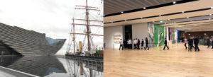 Skotlantilainen V&A Dundee -museo ulkoa. Viereisessä kuvassa ihmisiä Scottish Design Galleryn näyttelyssä.
