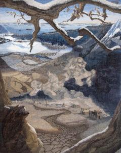 Kuvassa Soile Hovilan kuvakudos, jonka maisemassa on rinnastettu hiekan kuivuus ja lumen valkeus.