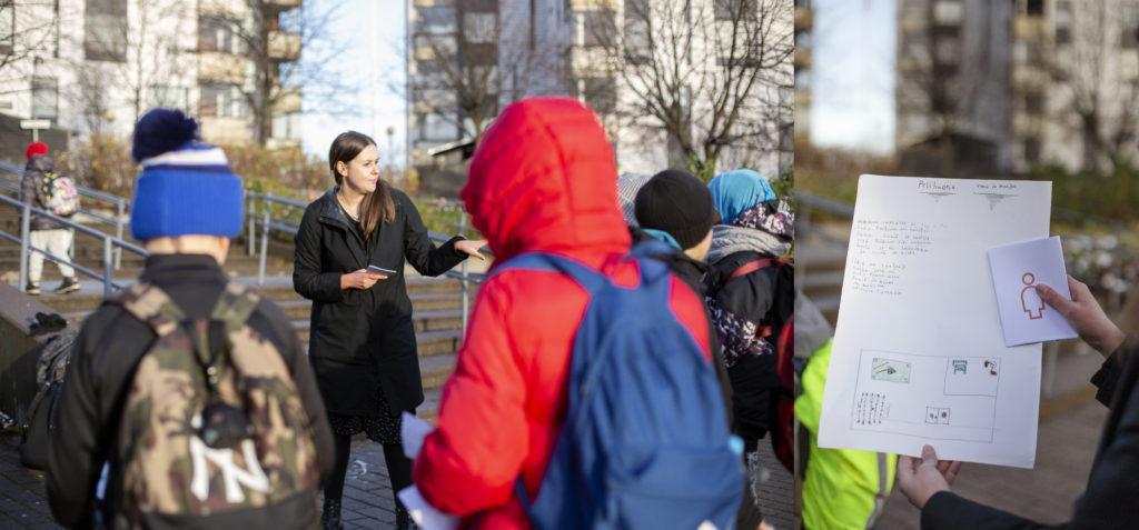 Muotoilija Linda Vanni luotsaa Hyvää lähiympäristöä muotoilun keinoin -kurssilaisia Aurinkolahden peruskoulun lähiympäristössä. Kuva: Anni Koponen