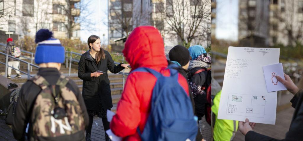 Designer Linda Vanni with students in the yard