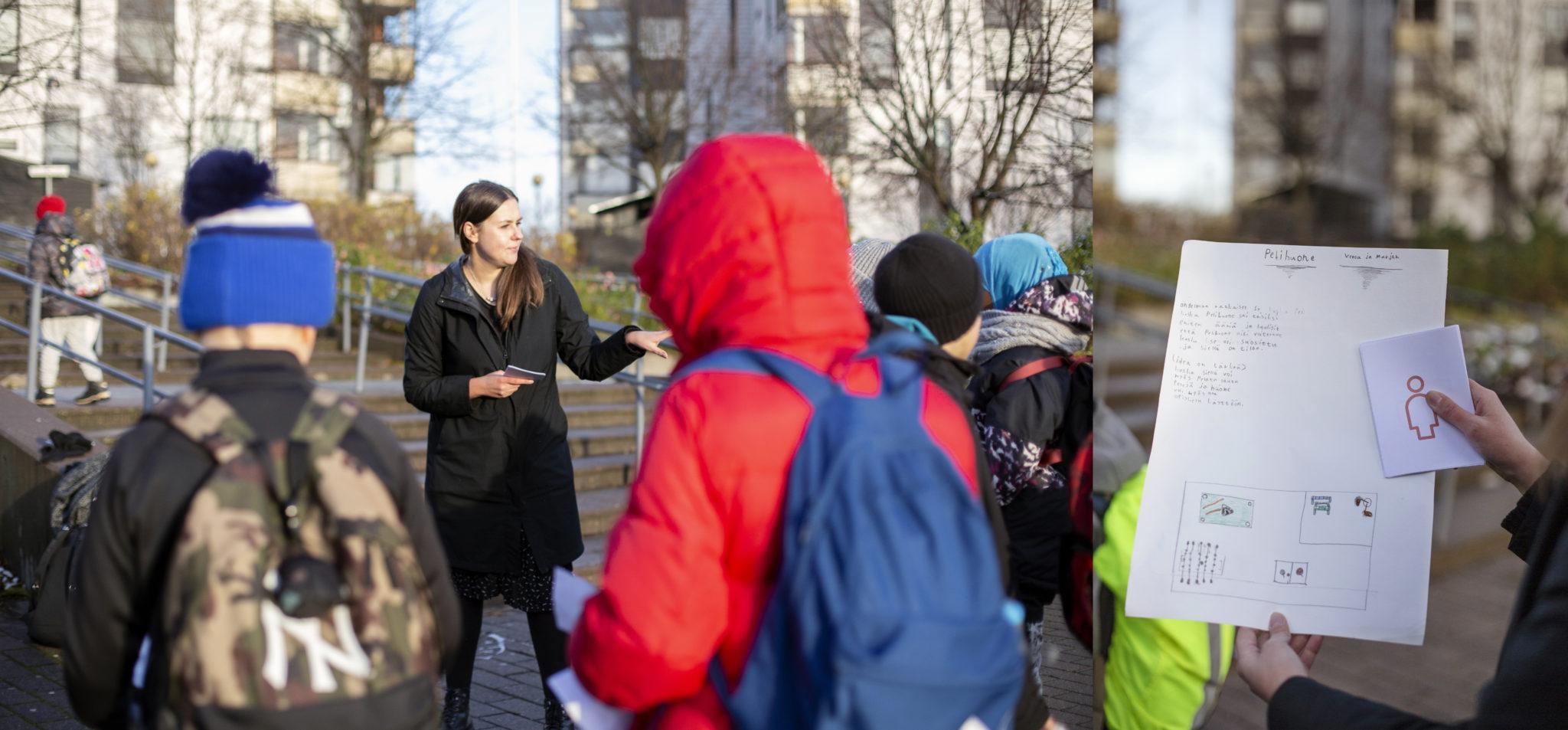 Designer Linda Vanni with students in the yard