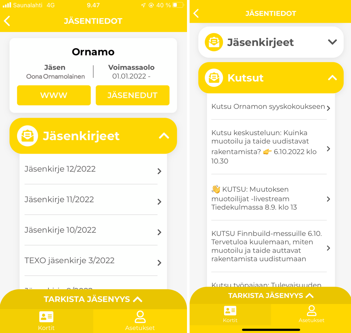 Kuvallinen ohje Gruppo iD-sovelluksen käyttöön. Kuvassa Ornamon jäsenkirjenäkymä.