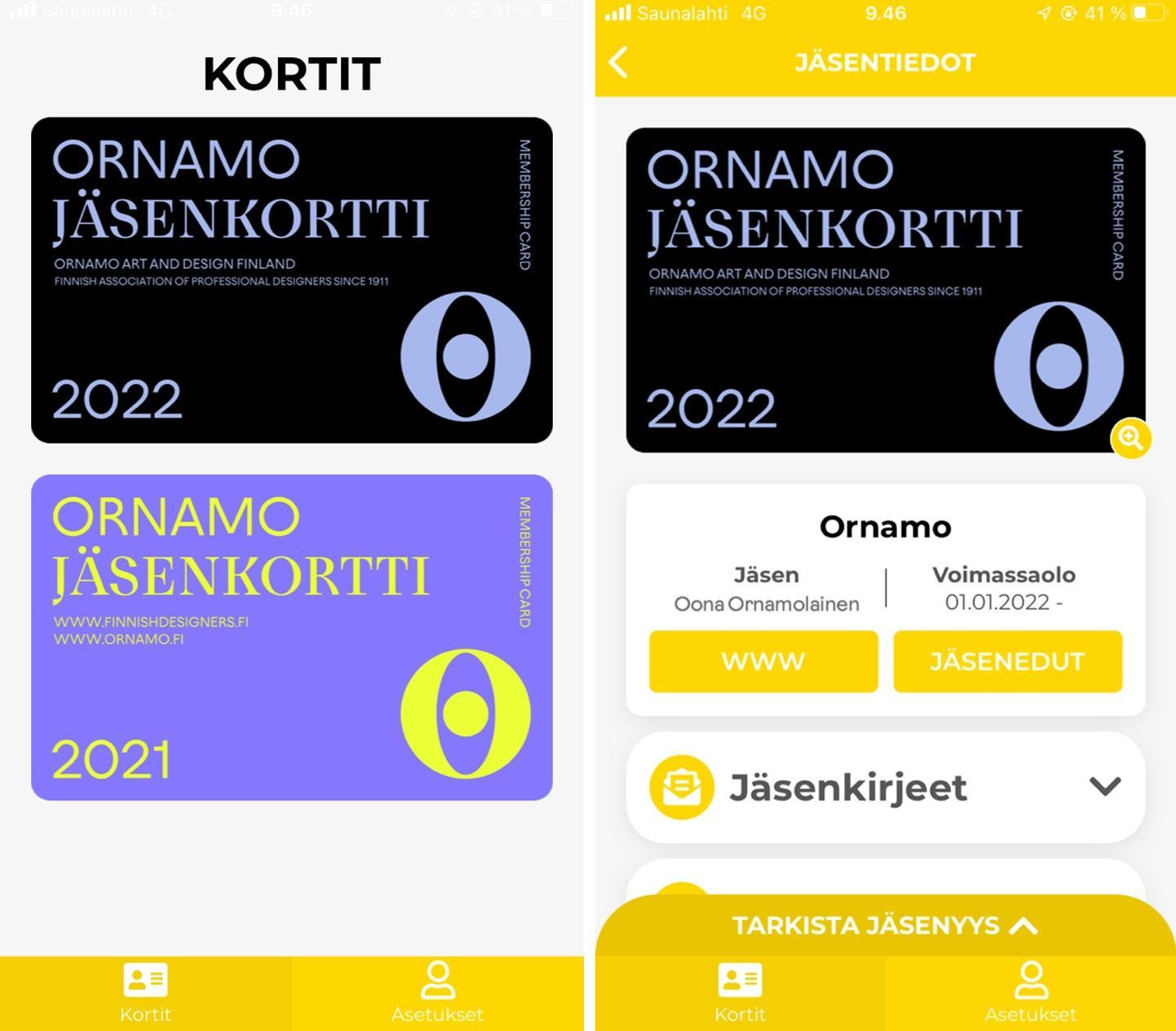 Ornamon jäsenkorttinäkymä Gruppo iD-sovelluksessa