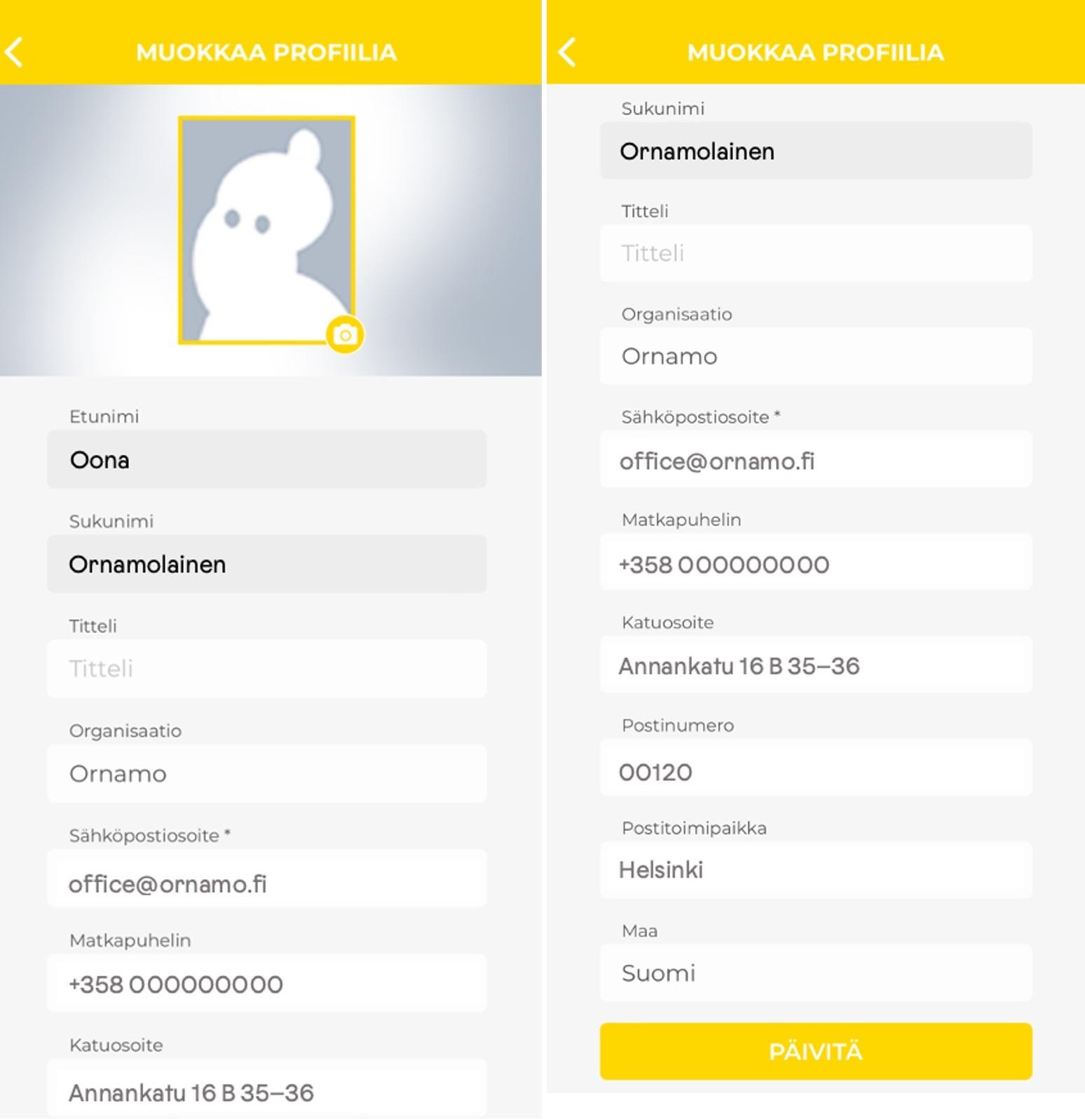 Gruppo-sovelluksen muokkaa profiilia -näkymä.